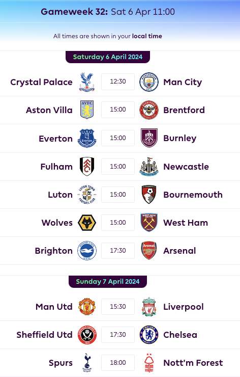 FPL GW32 Fixtures